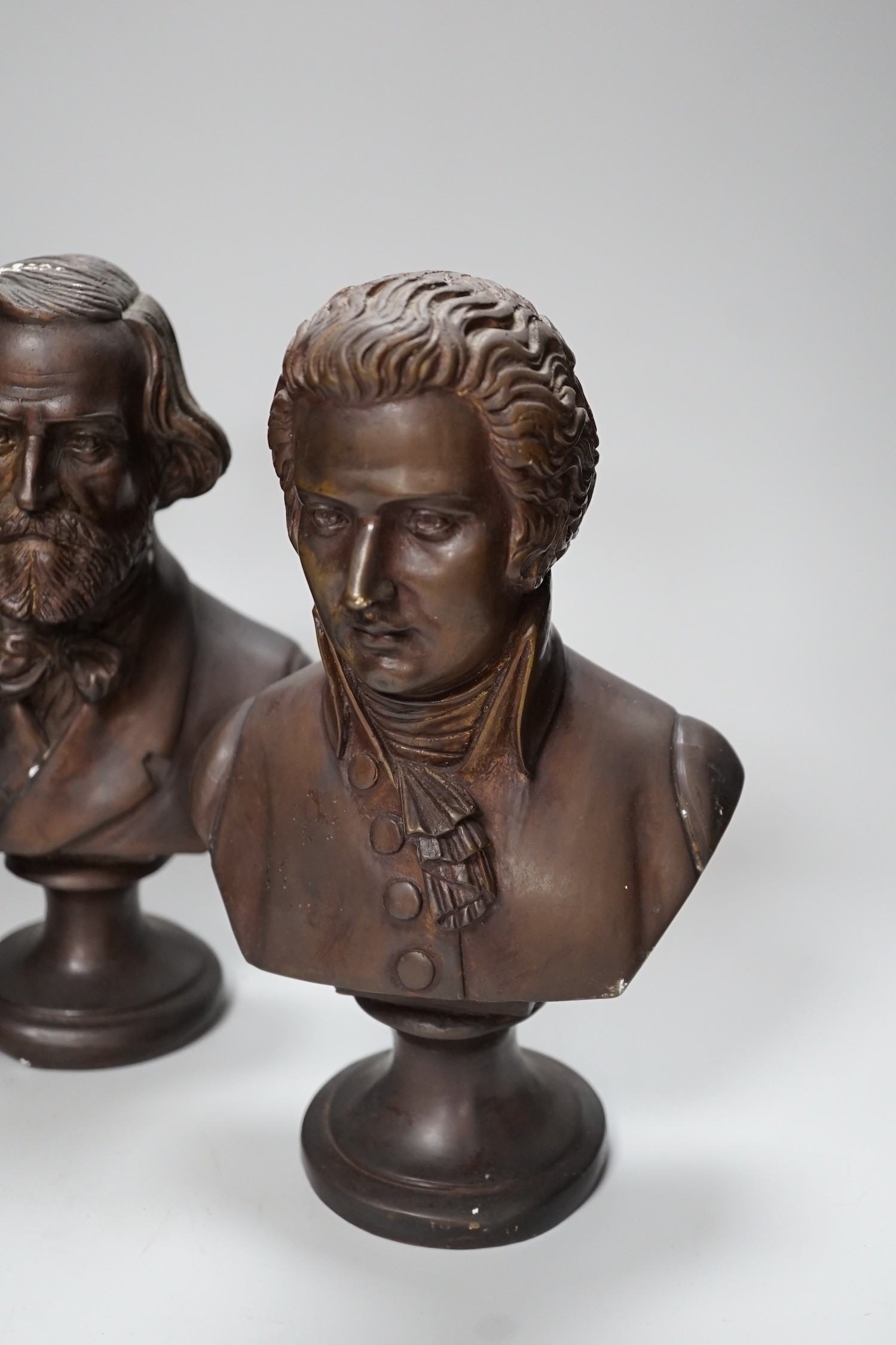 A set of four bronze busts of composers: Schubert, Wagner, Verdi and Mozart, 14cm high